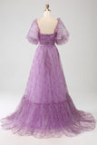 A-Line Square Neck Lilla korsett Prom kjole med halve ermer