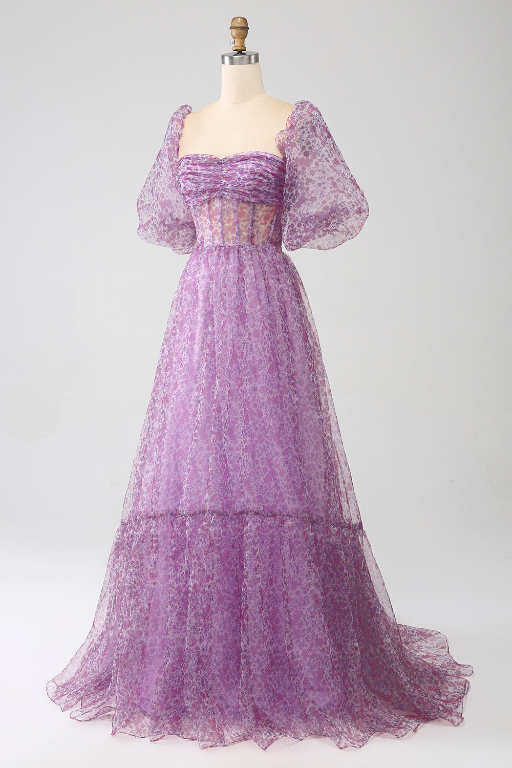 A-Line Square Neck Lilla korsett Prom kjole med halve ermer