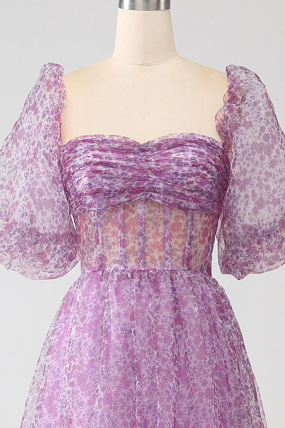 A-Line Square Neck Lilla korsett Prom kjole med halve ermer