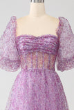 A-Line Square Neck Lilla korsett Prom kjole med halve ermer