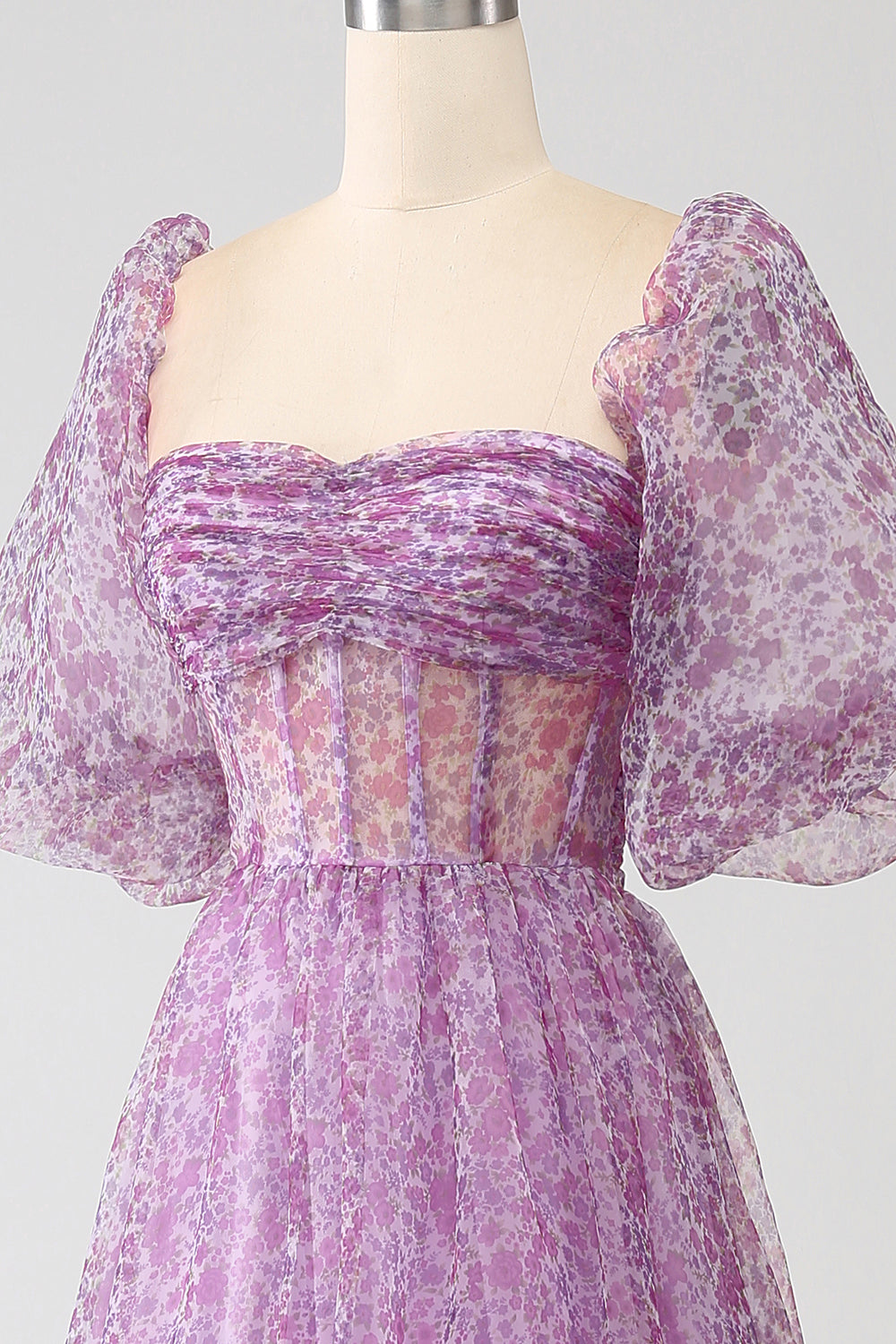 A-Line Square Neck Lilla korsett Prom kjole med halve ermer