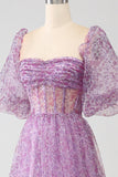 A-Line Square Neck Lilla korsett Prom kjole med halve ermer