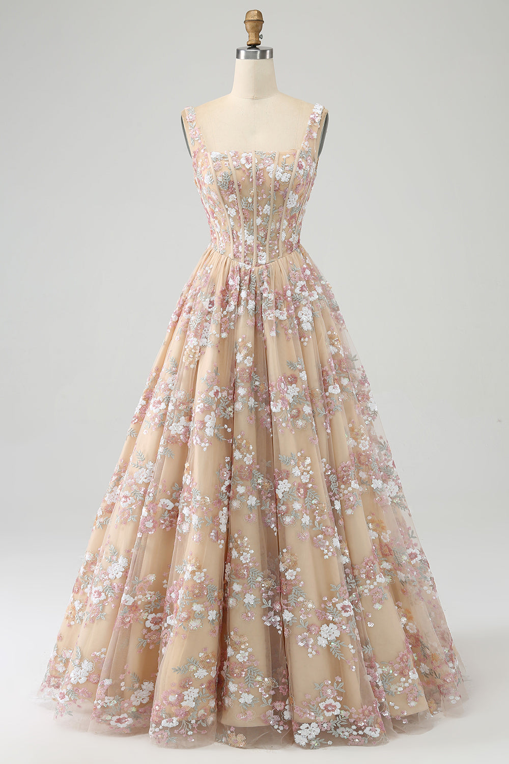 Luksuriøs A Line Square Neck Champagne Corset Prom Kjole med Appliques