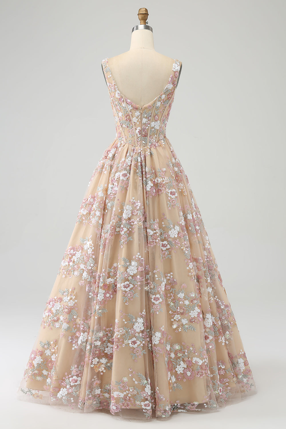Luksuriøs A Line Square Neck Champagne Corset Prom Kjole med Appliques