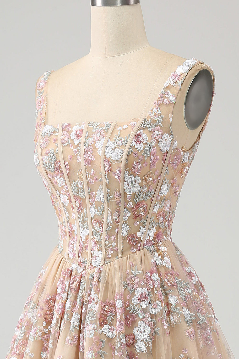 Luksuriøs A Line Square Neck Champagne Corset Prom Kjole med Appliques