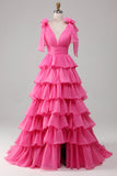 Prinsesse A-Line V-hals Fuchsia Prom kjole med spalt