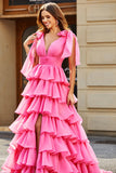 Prinsesse A-Line V-hals Fuchsia lagdelt ballkjole med spalt