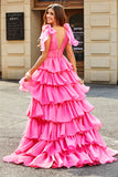 Prinsesse A-Line V-hals Fuchsia lagdelt ballkjole med spalt