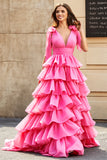 Prinsesse A-Line V-hals Fuchsia lagdelt ballkjole med spalt