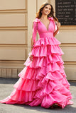 Prinsesse A-Line V-hals Fuchsia lagdelt ballkjole med spalt