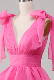 Prinsesse A-Line V-hals Fuchsia Prom kjole med spalt