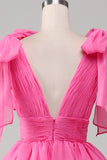 Prinsesse A-Line V-hals Fuchsia Prom kjole med spalt