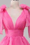 Prinsesse A-Line V-hals Fuchsia Prom kjole med spalt