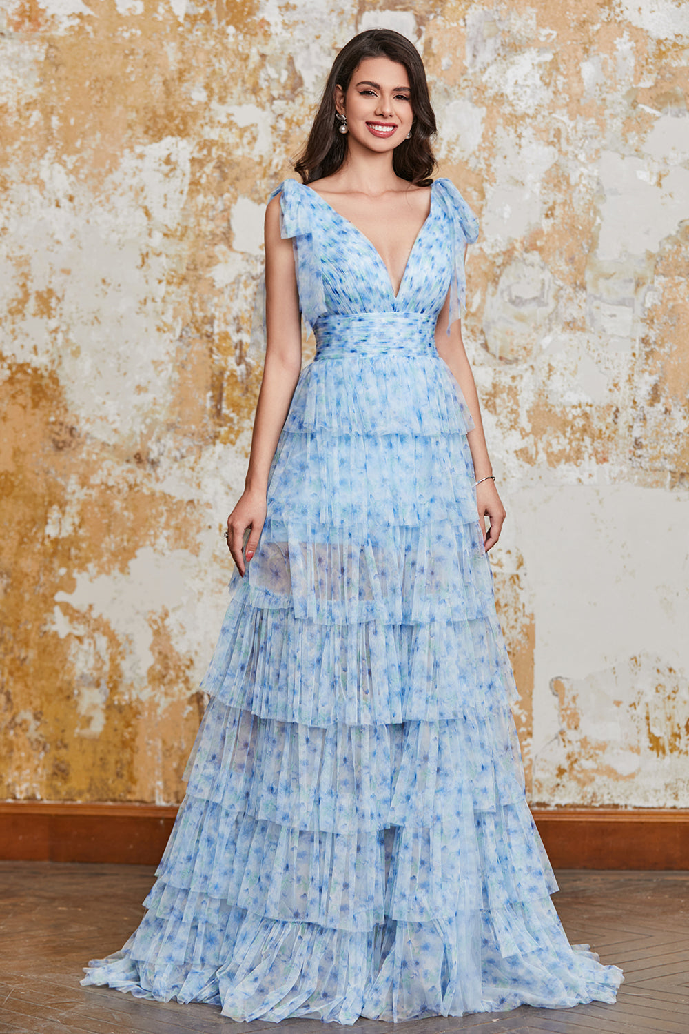 Prinsesse A Line V Neck Blue Long Prom Kjole med Ruffles Slit