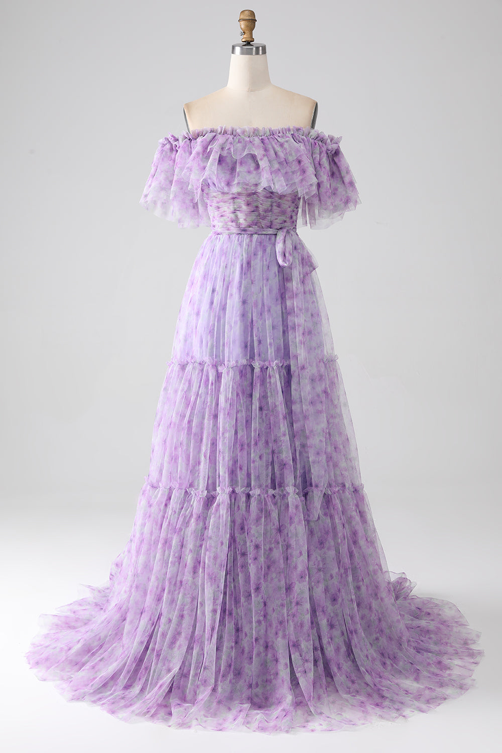 Lilac blomster av skulderen lang ruffled prom kjole