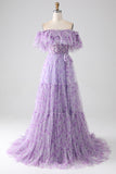 Lilac blomster av skulderen lang ruffled prom kjole