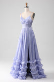 Lavendel Spaghetti stropper A Line Ruffles Prom Dress med Slit