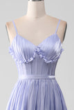 Lavendel Spaghetti stropper A Line Ruffles Prom Dress med Slit