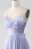 Lavendel Spaghetti stropper A Line Ruffles Prom Dress med Slit