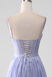 Lavendel Spaghetti stropper A Line Ruffles Prom Dress med Slit