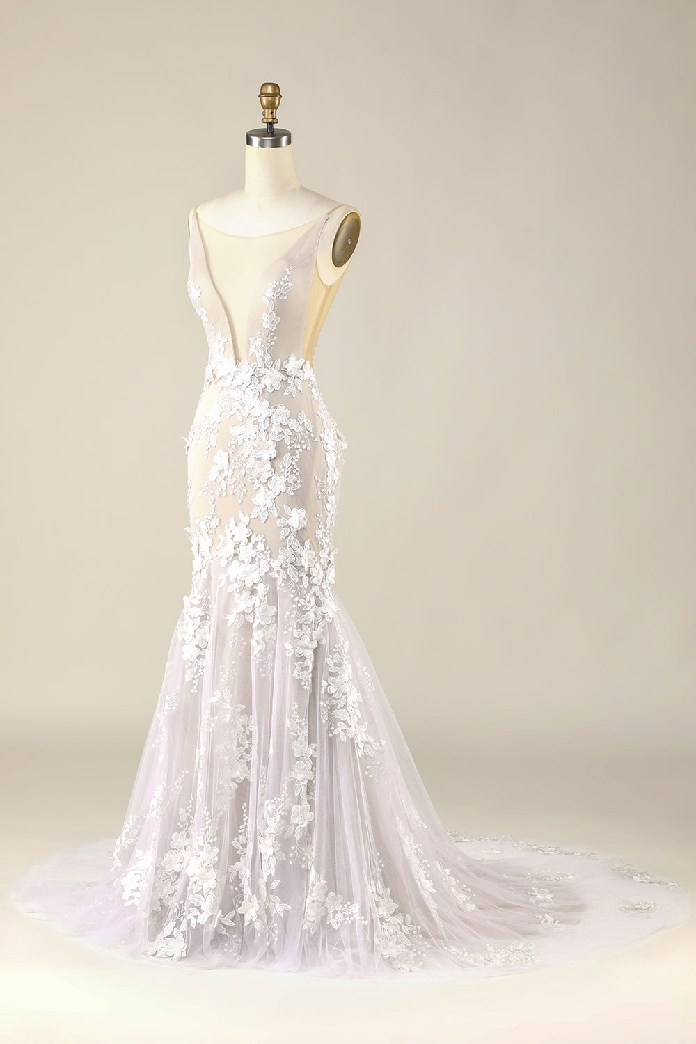 Elfenben havfrue illusjon båt hals blonder brudekjole