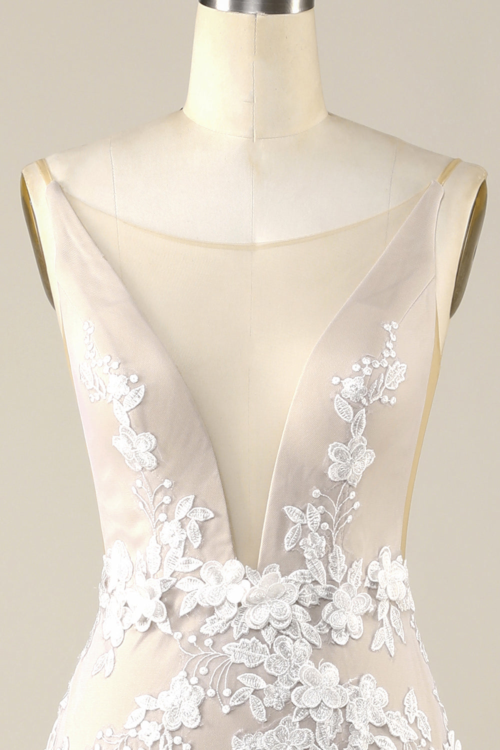 Elfenben havfrue illusjon båt hals blonder brudekjole