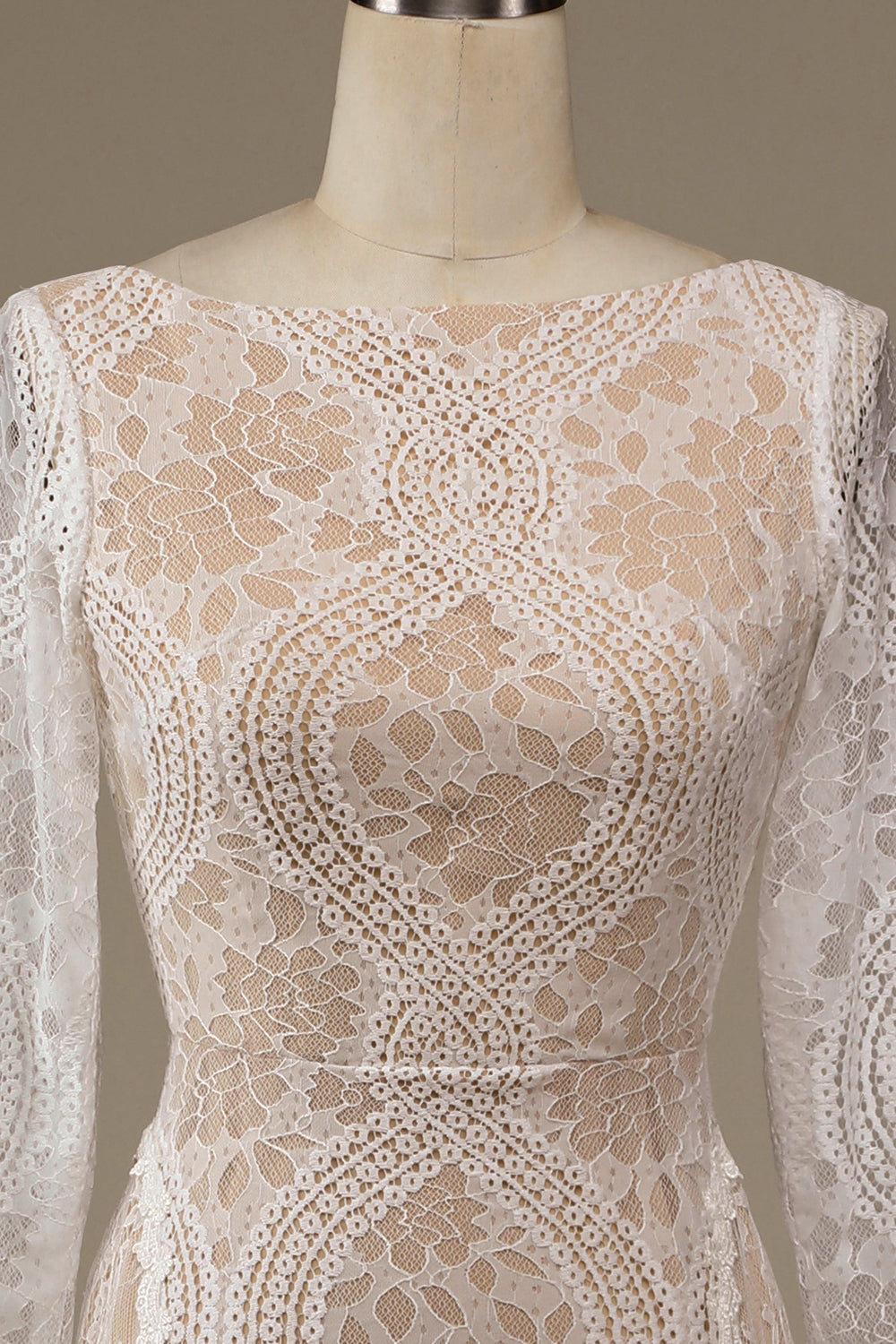 Champagne lange ermer blonder feie tog brudekjole