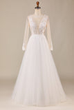 A Line Deep V-Neck Ivory Tylle Sweep Train brudekjole med blonder