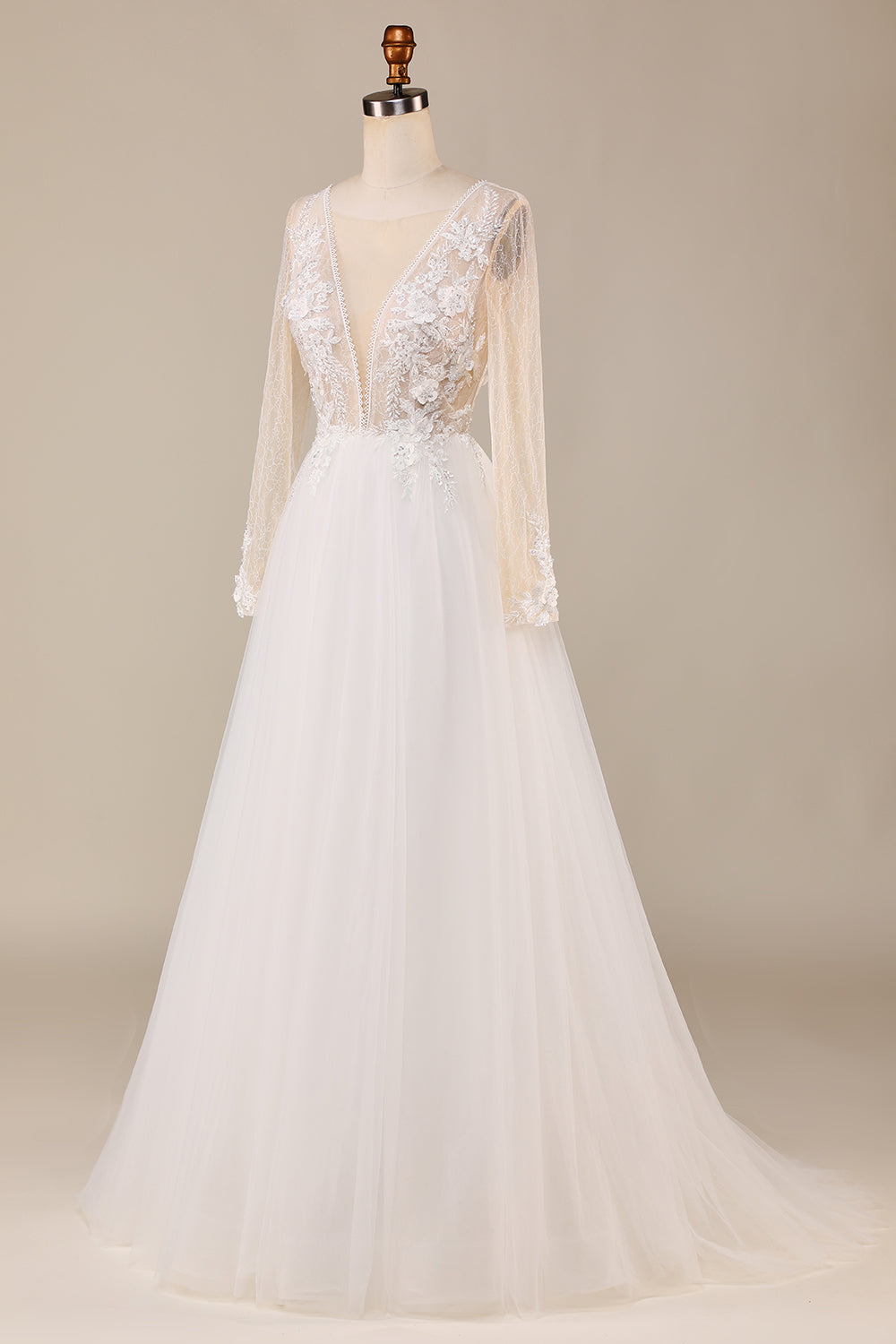 A Line Deep V-Neck Ivory Tylle Sweep Train brudekjole med blonder