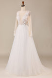 A Line Deep V-Neck Ivory Tylle Sweep Train brudekjole med blonder