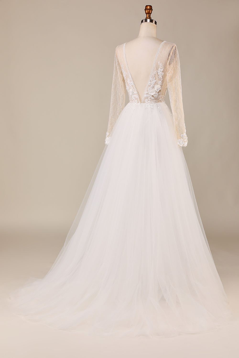 A Line Deep V-Neck Ivory Tylle Sweep Train brudekjole med blonder