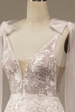 Ivory V-Neck Lace A-Line brudekjole med Bowknot