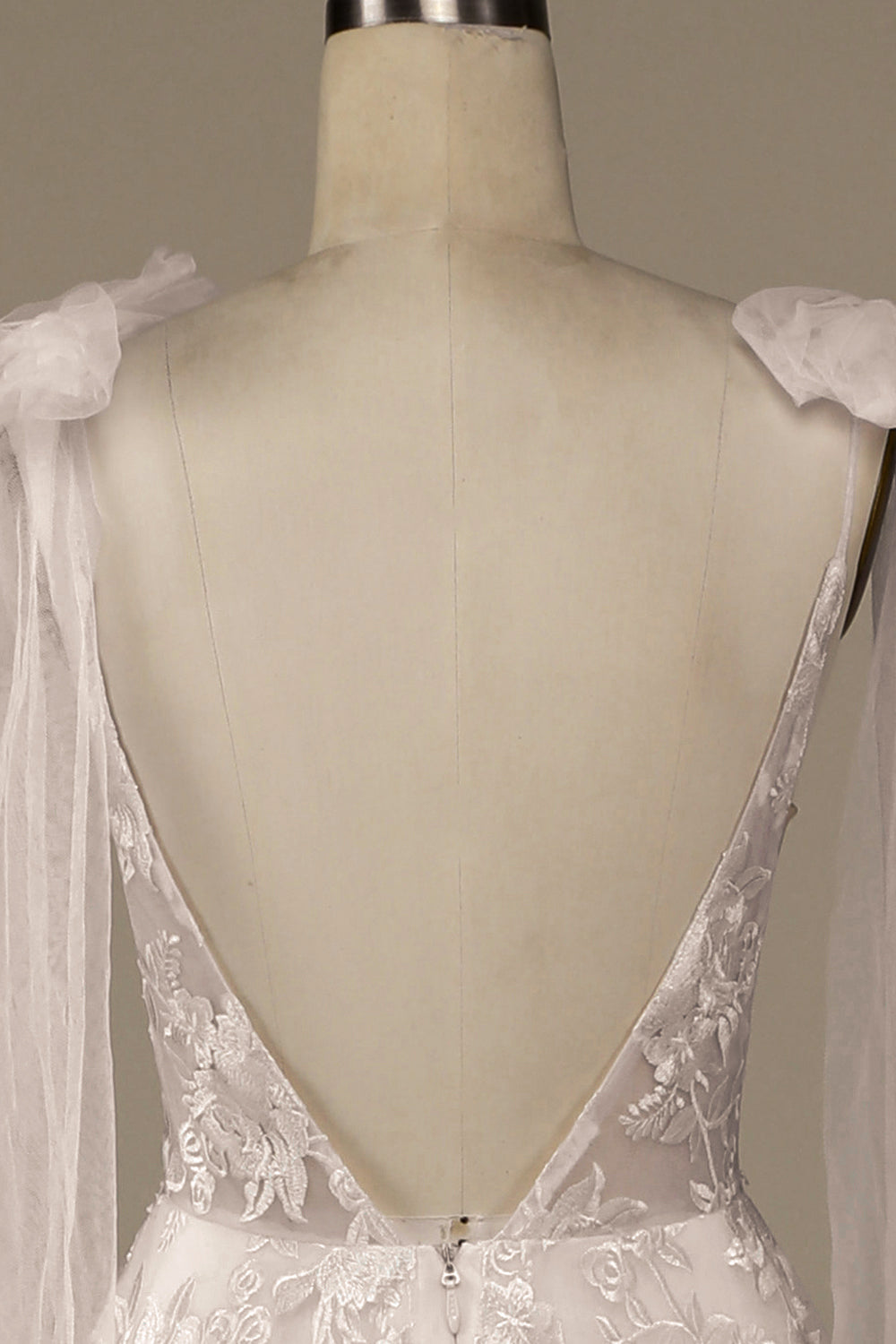 Ivory V-Neck Lace A-Line brudekjole med Bowknot