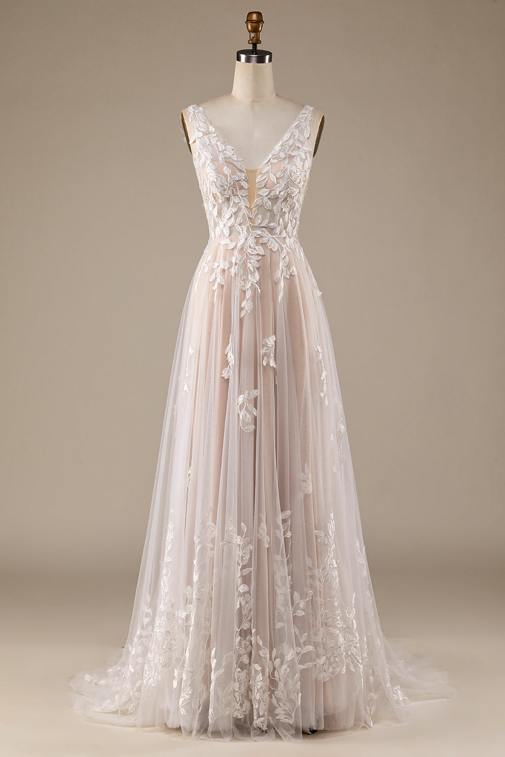 Champagne V-hals ryggløs tyll brudekjole med blonder