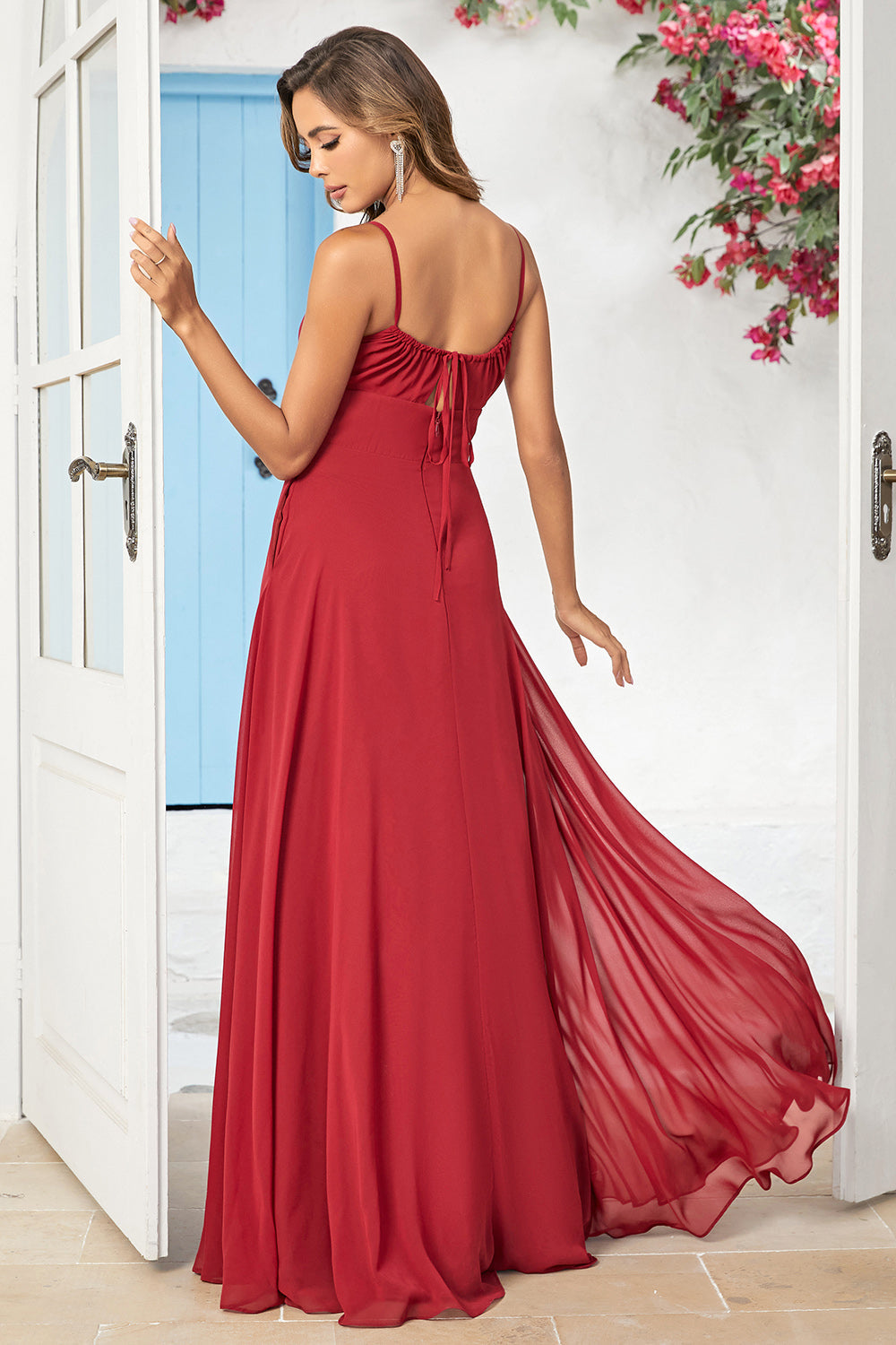 Enkelt A Line Spaghetti stropper Burgunder Long Bridesmaid Dress