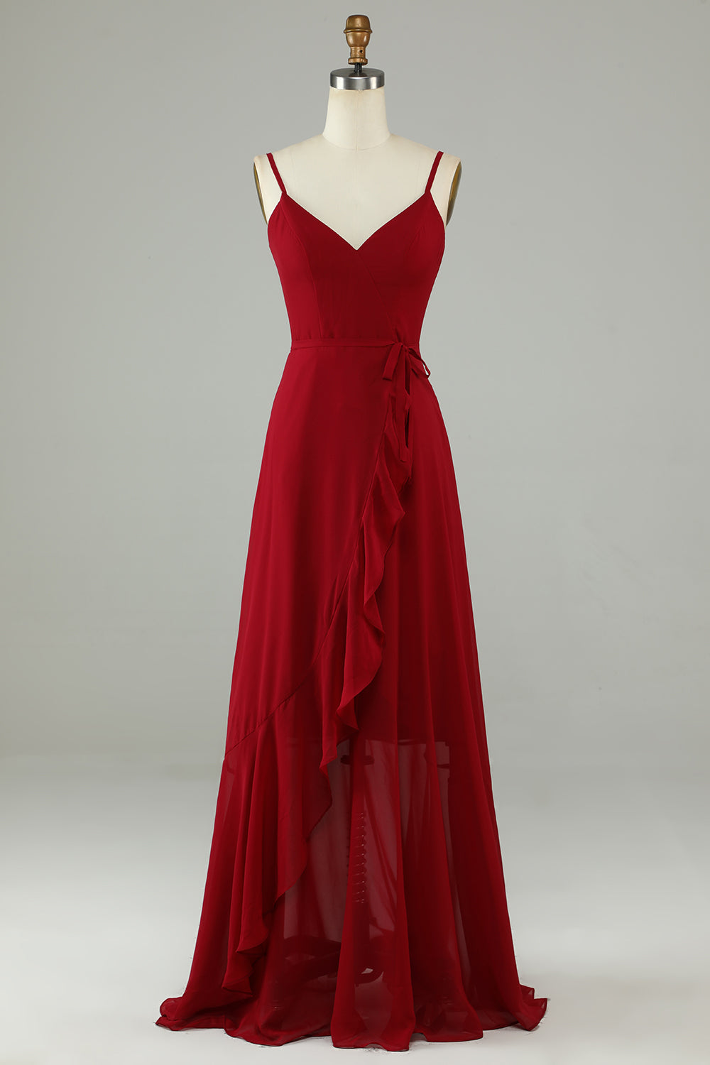 Chiffon Burgund Spaghetti stropper Long brudepike kjole med volanger