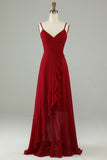 Chiffon Burgund Spaghetti stropper Long brudepike kjole med volanger