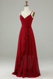 Chiffon Burgund Spaghetti stropper Long brudepike kjole med volanger