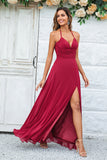 A Line Halter Burgund Long Bridesmaid Dress med Split Front