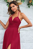 A Line Halter Burgund Long Bridesmaid Dress med Split Front