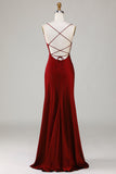 Lace-Up Back Burgunder Long Bridesmaid Dress med Slit