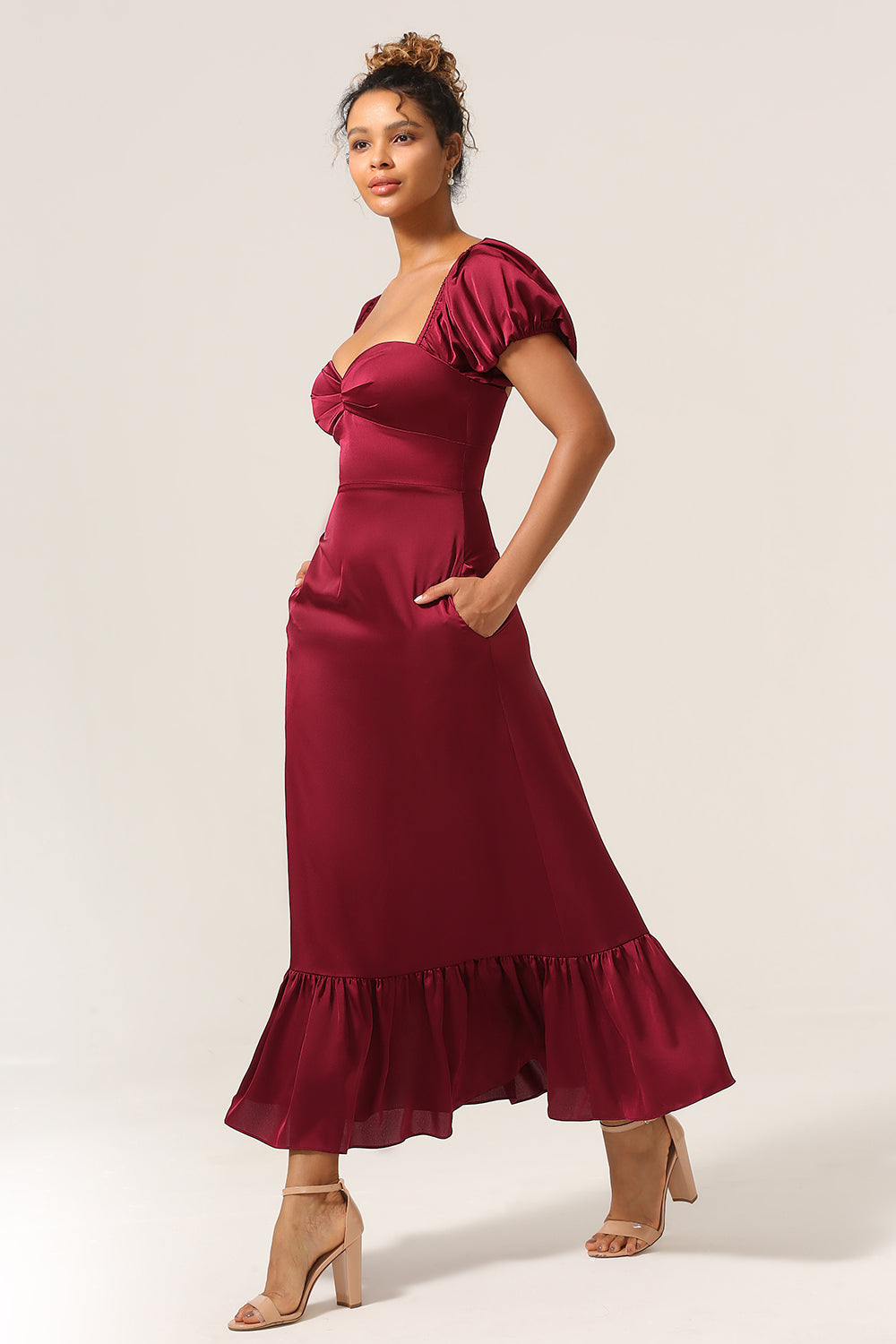 Sweetheart Burgund brudepike kjole med Puff ermer