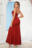 Havfrue Spaghetti stropper Burgunder Long Bridesmaid kjole med Split Front
