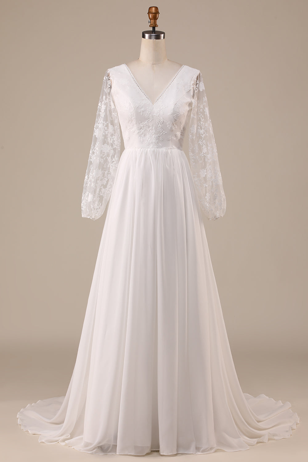 Ivory Chiffon Sweep Train Boho brudekjole med blonder