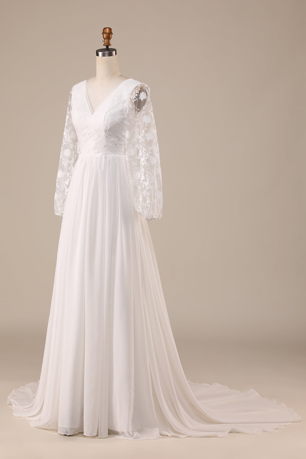 Ivory Chiffon Sweep Train Boho brudekjole med blonder