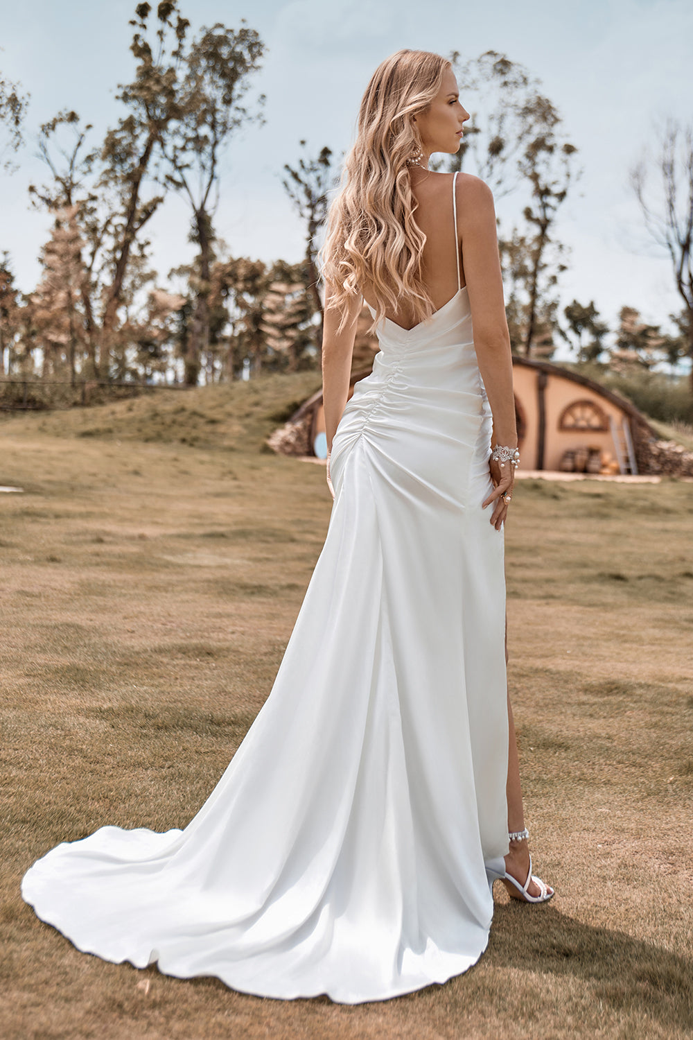 Ivory Boho Satin Enkel havfrue brudekjole med Slit