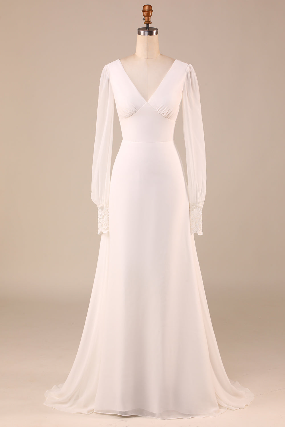 Elfenben lange ermer Boho Chiffon Open Back brudekjole
