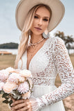 Blonder lange ermer Deep V-neck Boho brudekjole med ryggløs