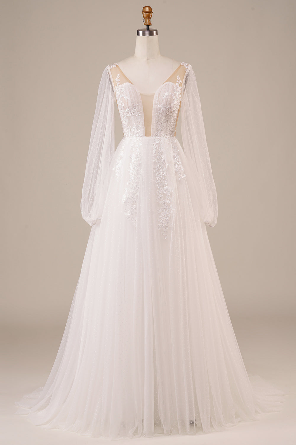 Lange ermer åpner tilbake elfenben brudekjole med applikasjoner