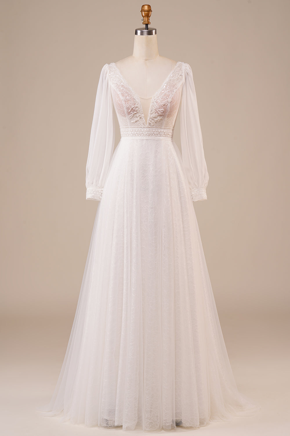 A-Line Tulle Beaded Ivory brudekjole med ermer